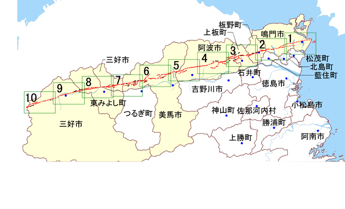 徳島県中央構造線活断層帯（讃岐山脈南縁）活断層図　区割り図